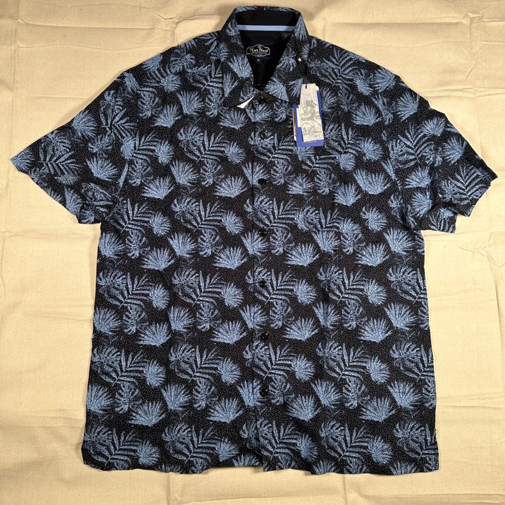 Nat Nast Mens Silk Cotton Tropical Palm Print Short Sleeve Button Down Shirt M